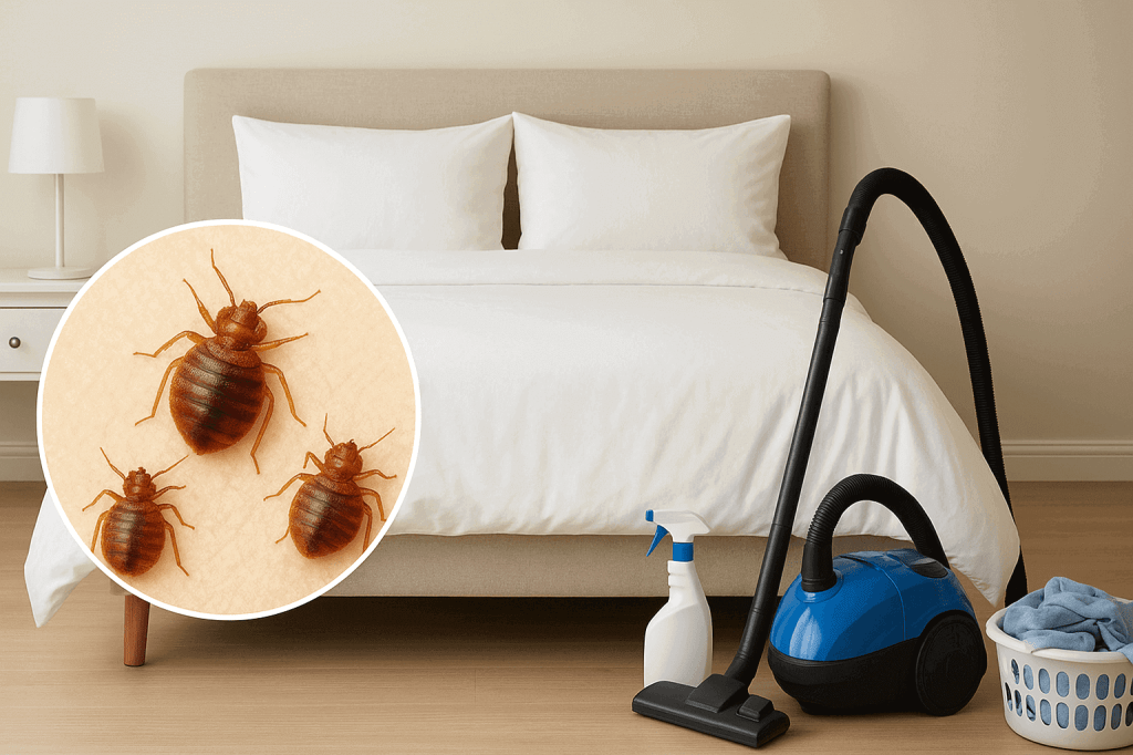 A neat bedroom with a neatly made bed, accompanied by cleaning tools including a vacuum cleaner, spray bottle, and laundry basket. An inset close-up shows a realistic magnified view of bed bugs.