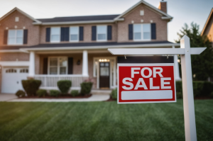 Residential home with a "For Sale" out front