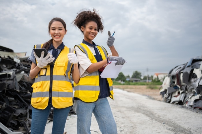 Two female employees at scrap metal recycling yard standing outside.