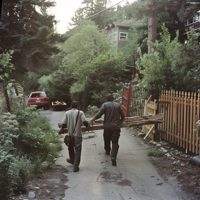 Two LoadUp team members hauling away fence panels.