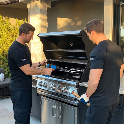 Two professional assemblers putting together a grill