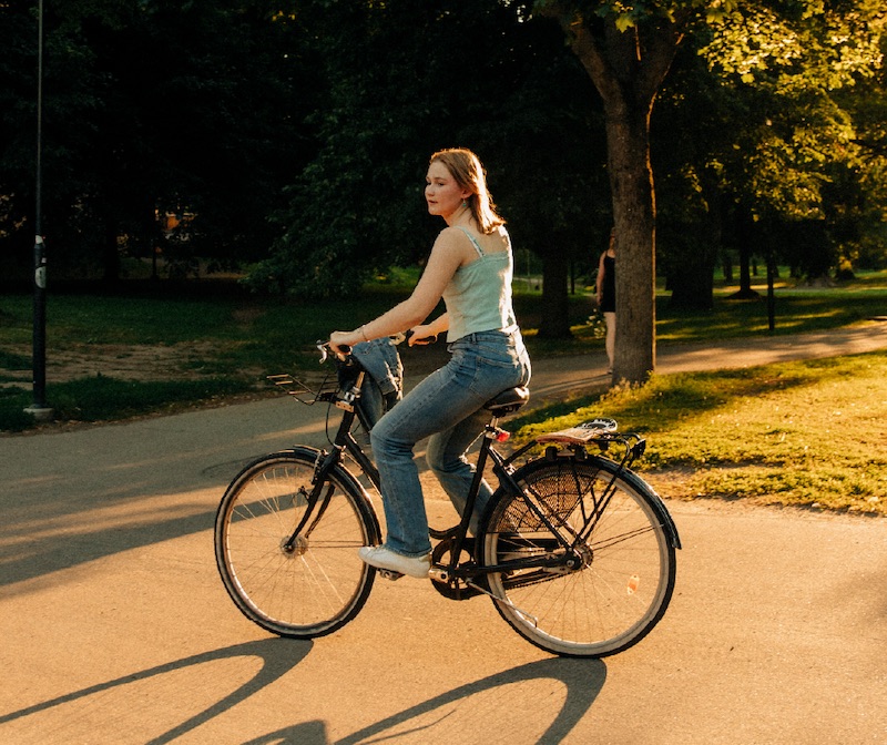 Woman riding a newly assembled bicycle