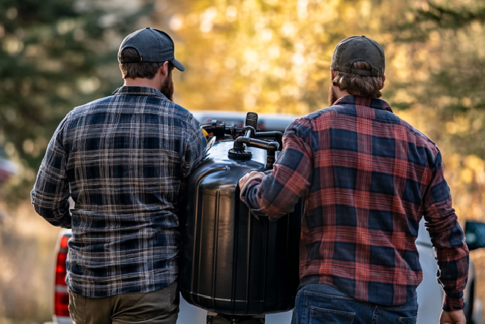 Two water softener removal pros removing an old water softener unit