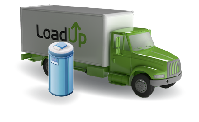 Water softener unit next to LoadUp box truck ready for removal