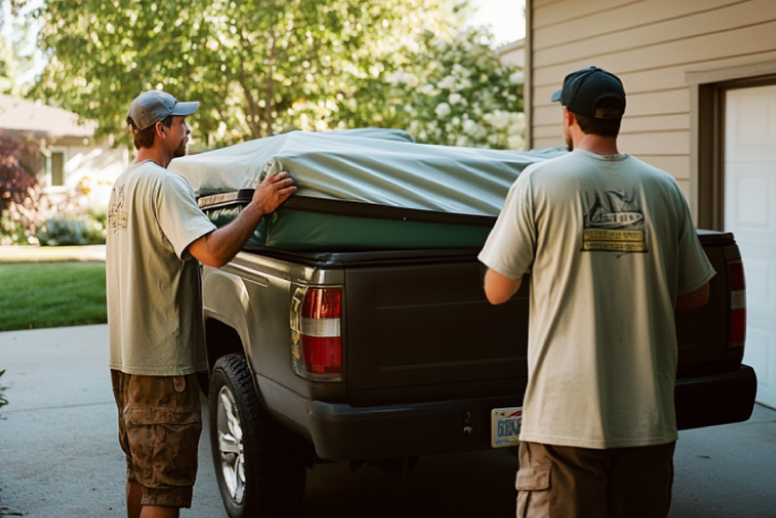 Two junk haulers removing a hot tub cover for happy customer