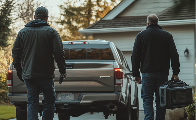 Two junk removal pros putting radio in the back of their truck