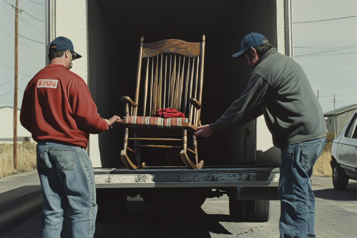 Junk removal pros loading rocking chair into their truck