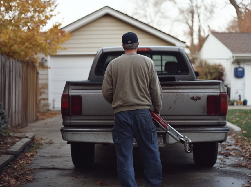 Floor jack hauler loading a broken floor jack into his truck for professional disposal