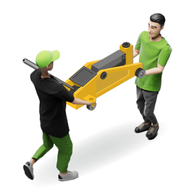 Two junk haulers carrying away a floor jack for removal