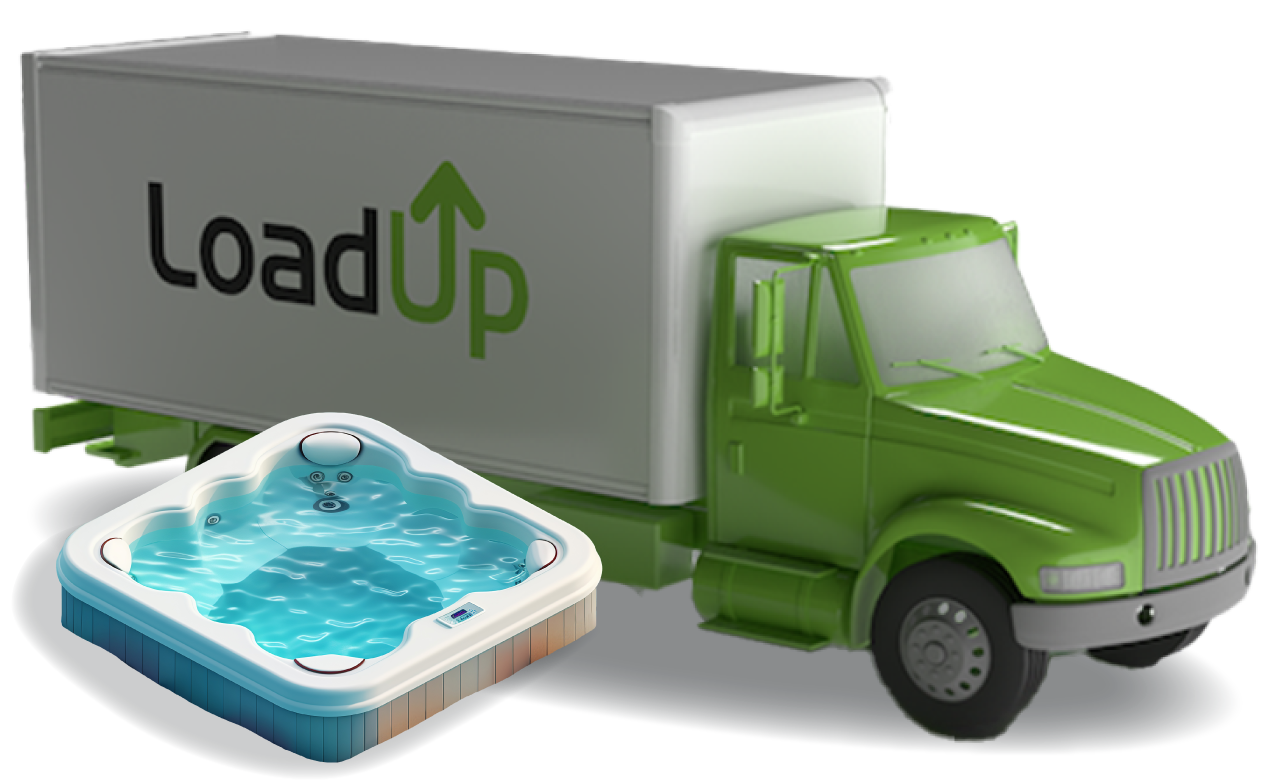 Broken hot tub ready for pickup and disposal next to LoadUp box truck