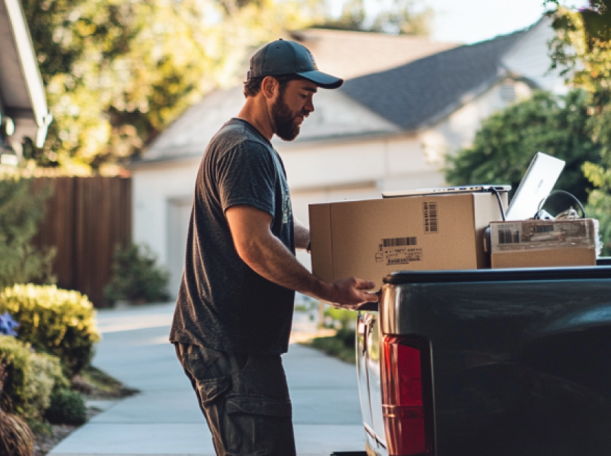 Pro laptop hauler loading old laptops into his truck for disposal