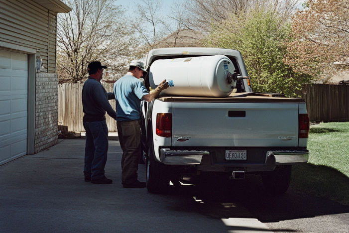 Hot water heater removal being hauled away for disposal