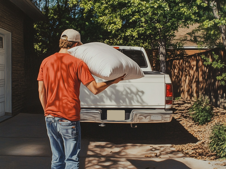 Junk removal expert loading a pillow into his truck for professional haul away