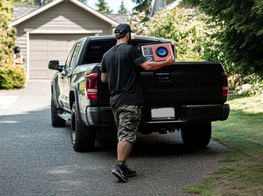 Speaker removal professional loading an old speaker into his truck