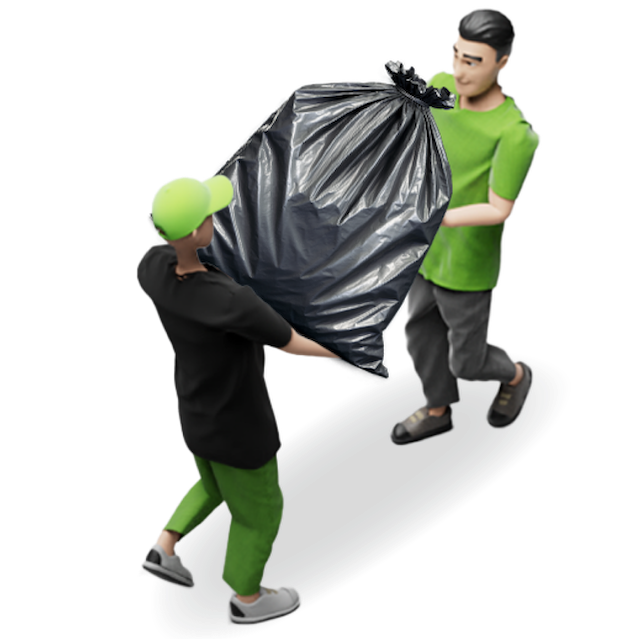 Two junk removal pros carrying a large bag of trash to be disposed of