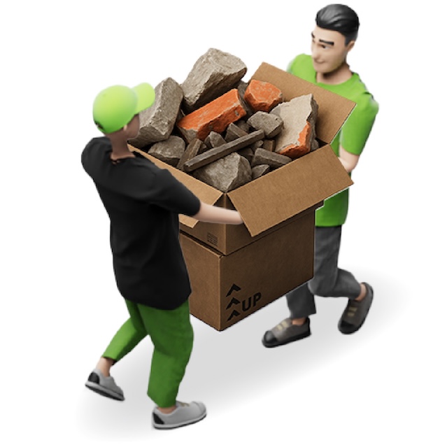 Two junk removal pros carrying a box of construction waste to be responsibly disposed of