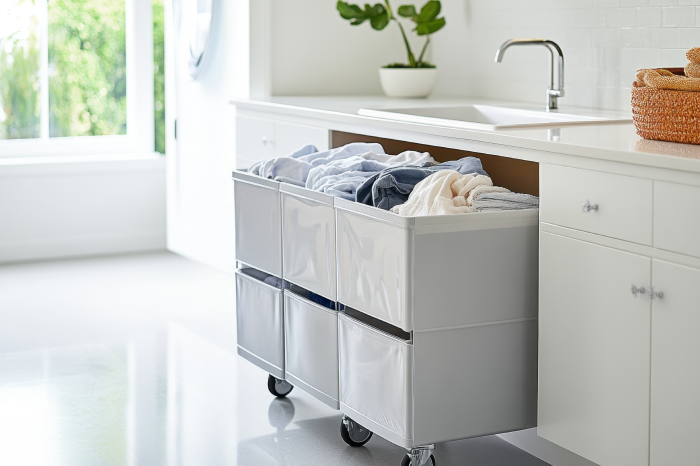 Laundry room hampers separated by color