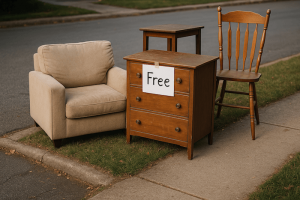 A loveseat, dresser, and chair out on the curb with a free sign on it