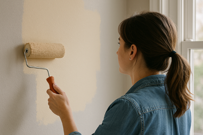 Woman doing a diy paint job on room