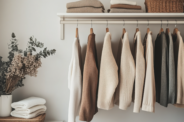 Minimalist wardrobe with neutral clothing on hangers and storage boxes