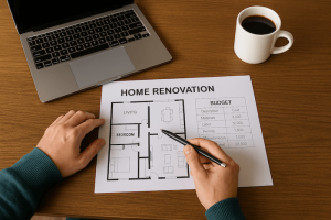 Homeowner reviewing home renovation plans and budget