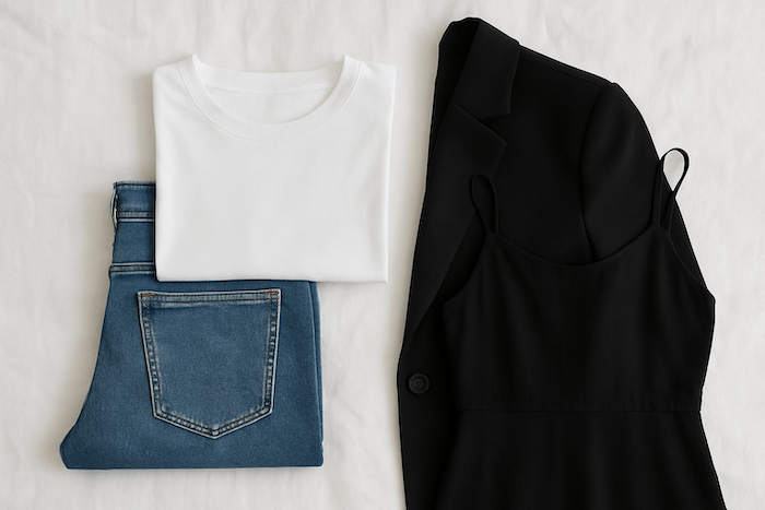 Minimalist wardrobe essentials such as a white tee, blazer, and jeans laying on a bed