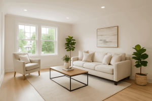 Staged living room with neutral décor, bright lighting, and open space to attract home buyers.