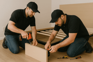 Professional furniture assembly service building a bed frame quickly and safely.