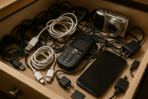 Wooden drawer filled with old and broken cords, phones, and cameras
