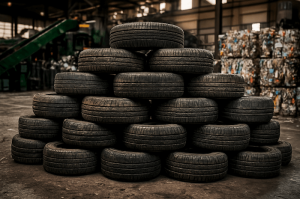 Stack of old tires prepared for recycling at a disposal facility.