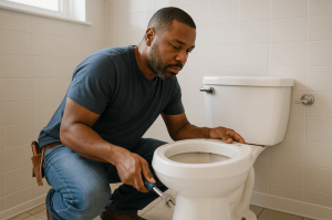 Homeowner preparing to dispose of an old toilet in a bathroom.