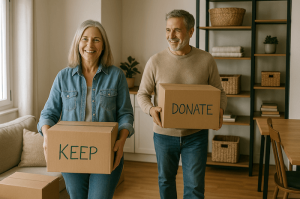 An elderly couple moving boxes into their now downsized space