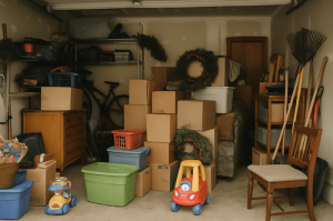 cluttered garage filled with boxes, toys, old furniture, and tools leaving no space for a car